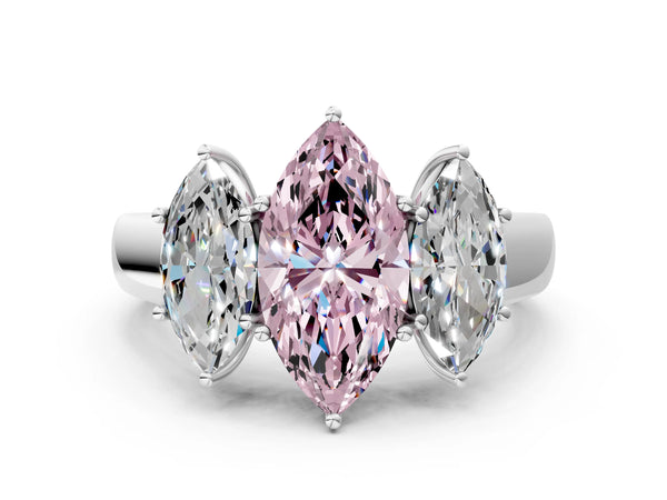 Platinum Three-Stone Fancy Pink Marquise Cut Cut Diamond Ring with Prong Setting and Classic Band