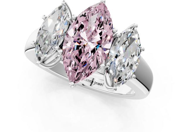 Platinum Three-Stone Fancy Pink Marquise Cut Cut Diamond Ring with Prong Setting and Classic Band