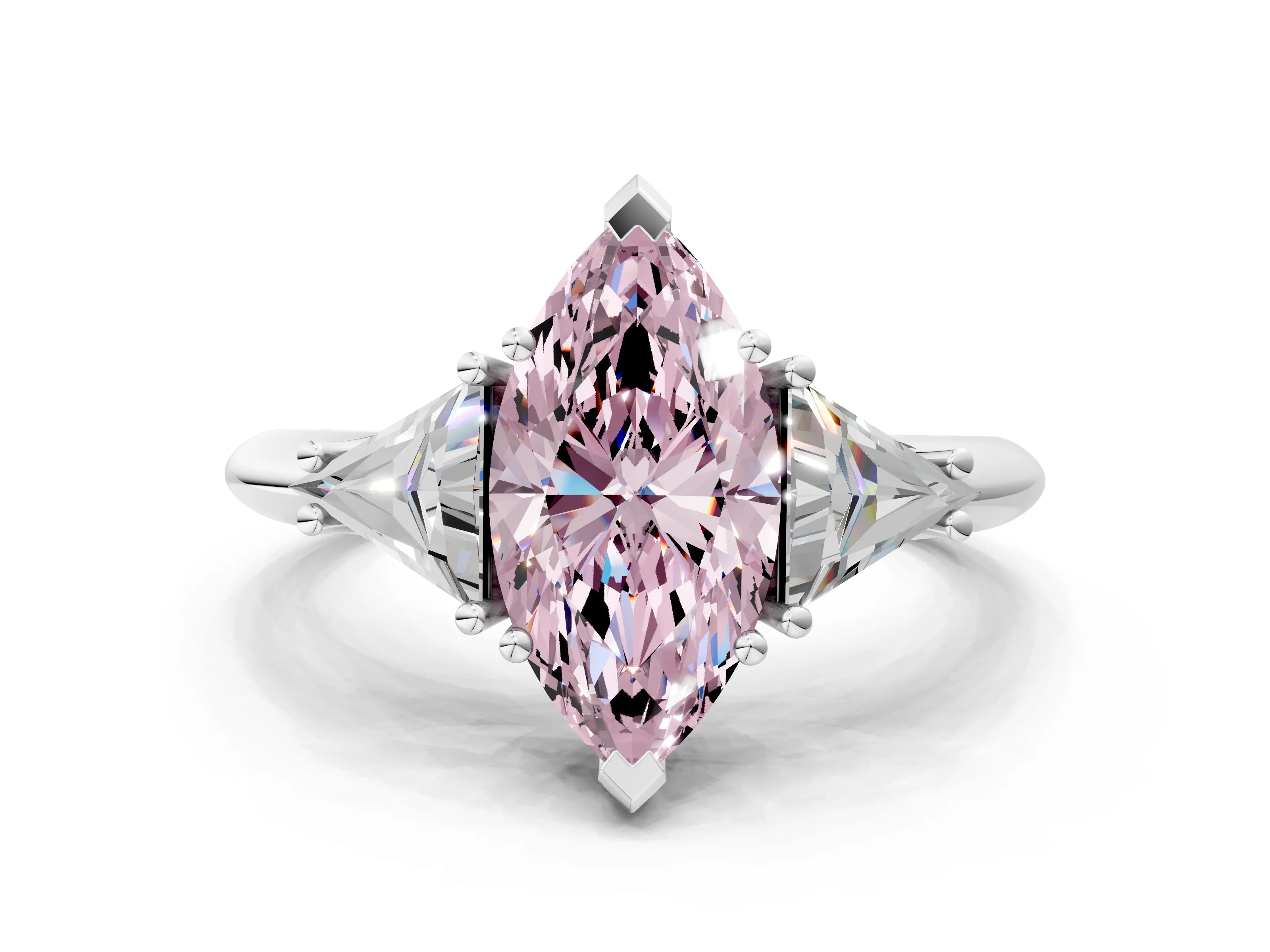White gold Three-Stone Fancy Pink Marquise Cut Cut Diamond Ring with Trillion Side Stones and Four-Prong Setting_11