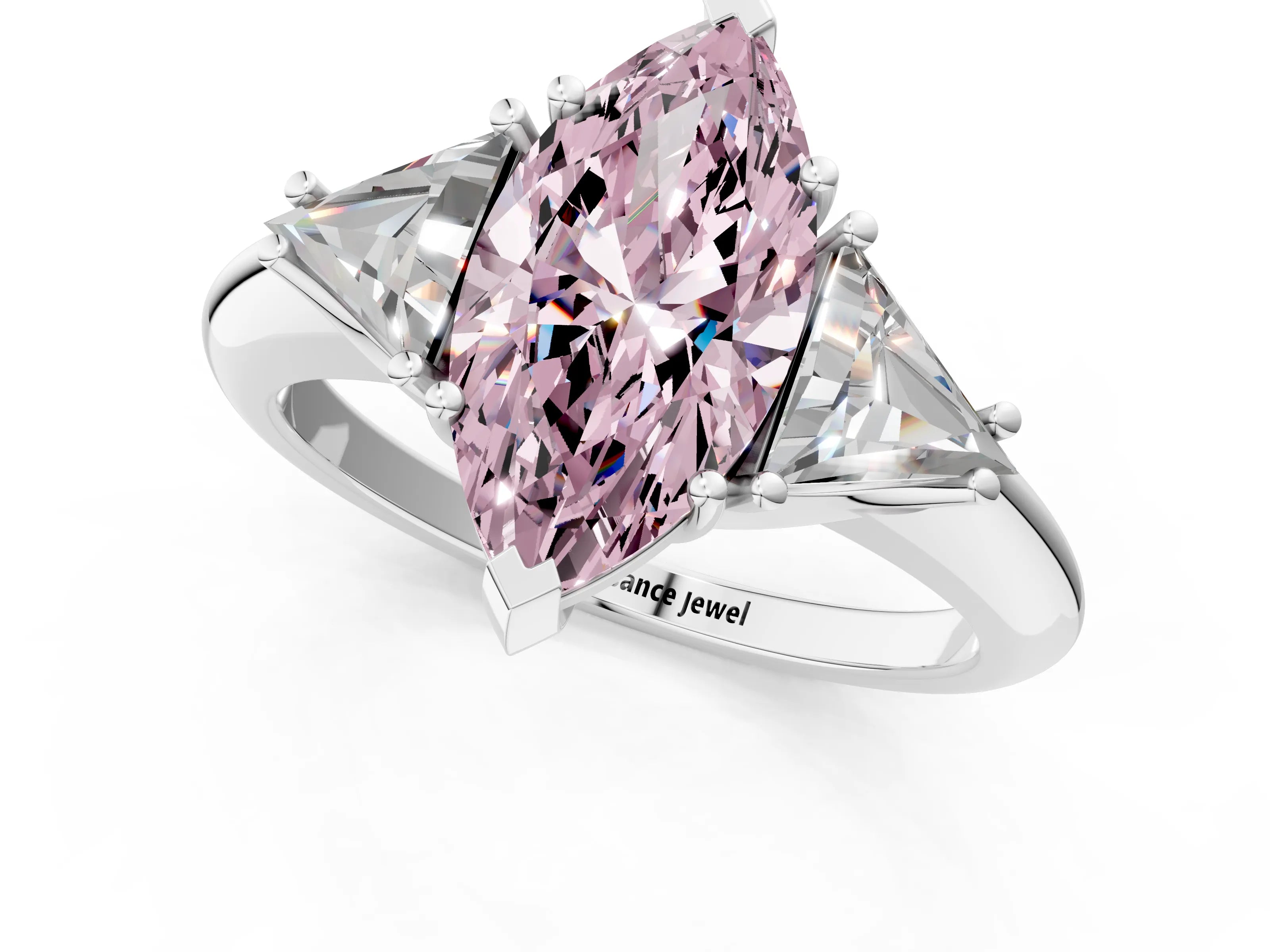 White gold Three-Stone Fancy Pink Marquise Cut Cut Diamond Ring with Trillion Side Stones and Four-Prong Setting_12