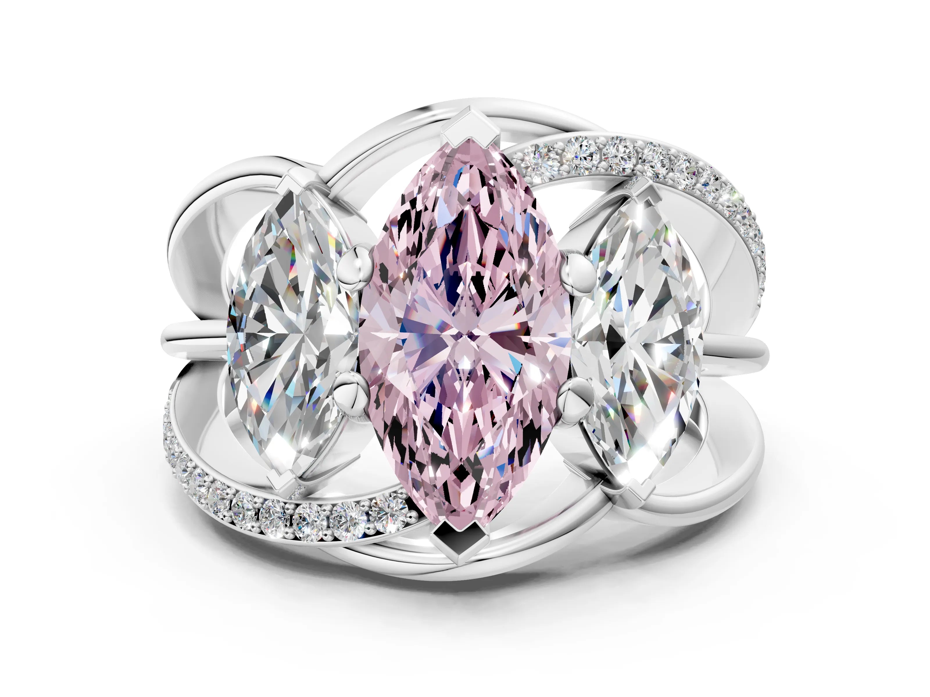 White gold Three-Stone Fancy Pink Marquise Cut Cut Diamond Split Shank Prong Set Ring_12