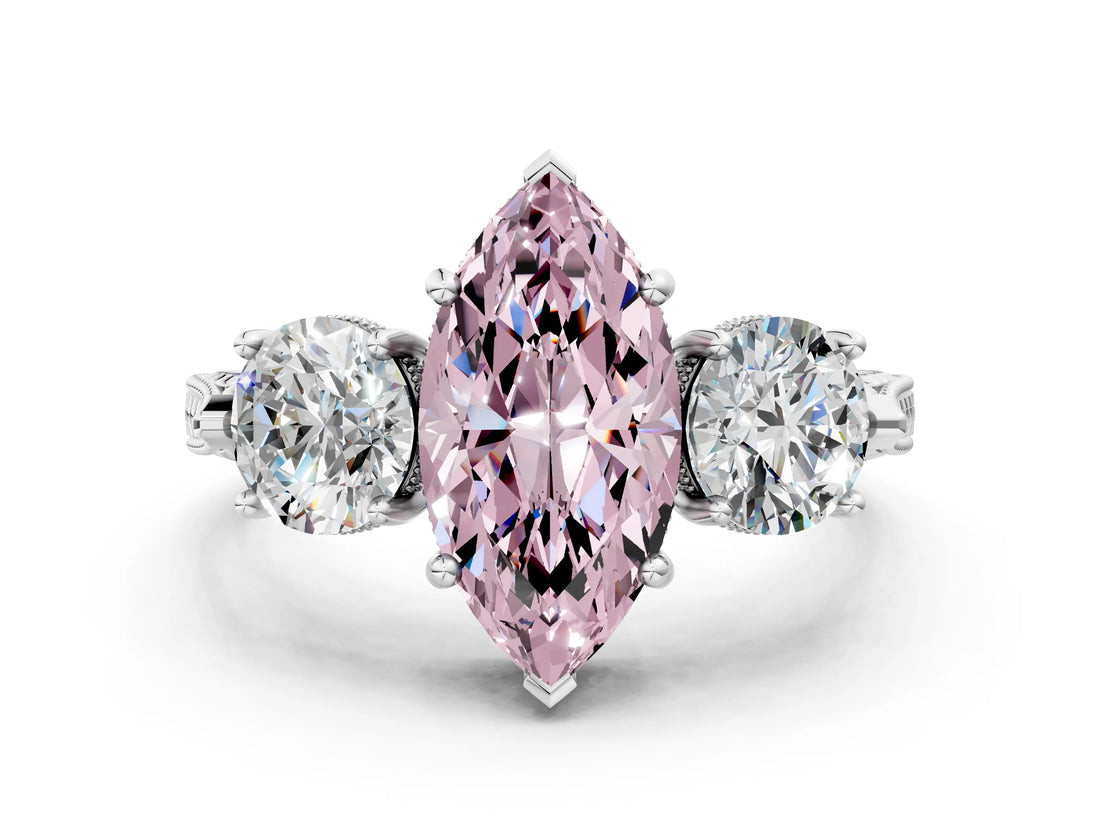White gold Three-Stone Fancy Pink Marquise Cut Cut Milgrain Band Prong Setting Ring