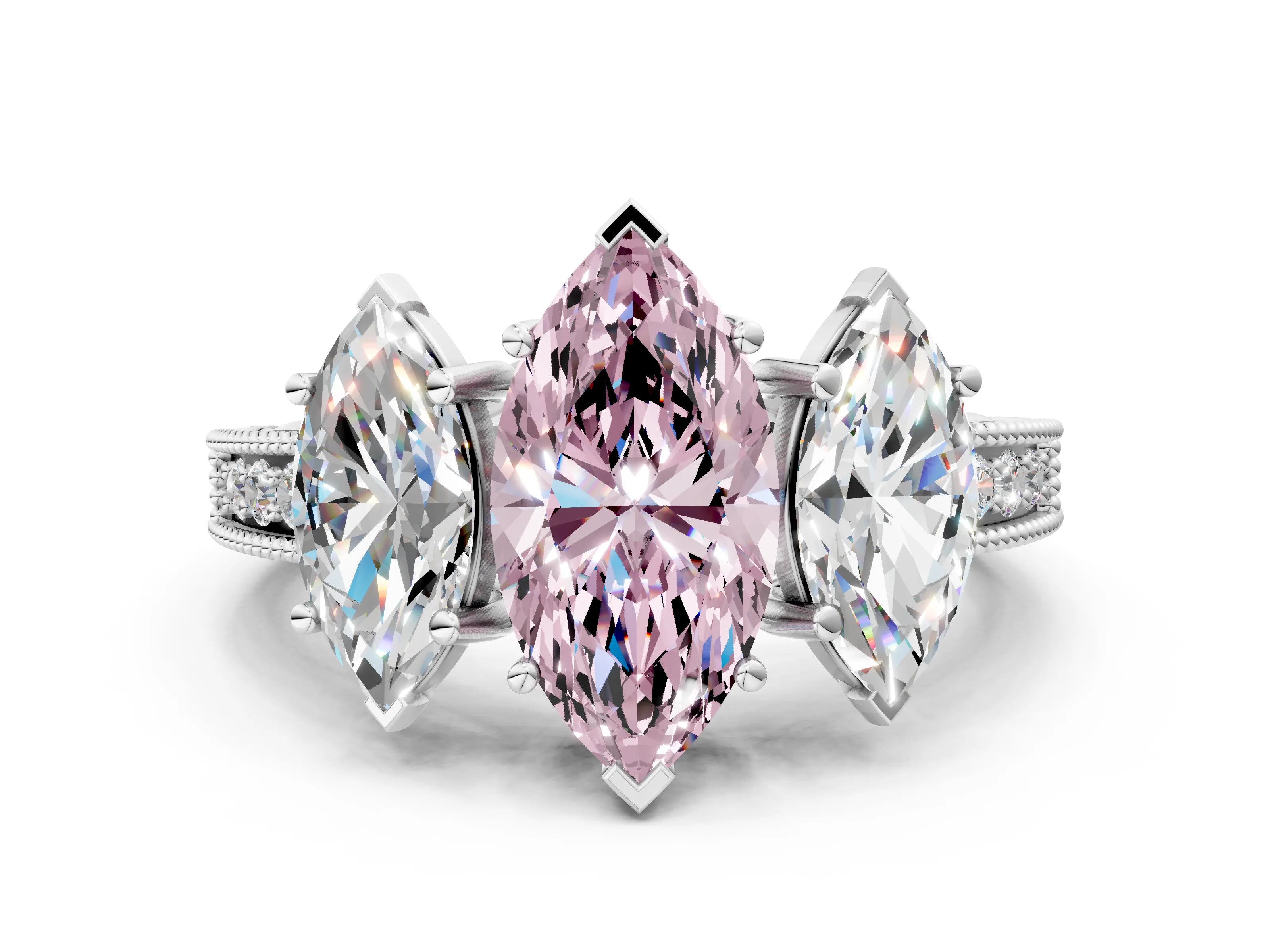 White gold Three-Stone Fancy Pink Marquise Cut Cut Milgrain Pavé Engagement Ring_12