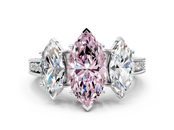 Platinum Three-Stone Fancy Pink Marquise Cut Cut Milgrain Pavé Engagement Ring