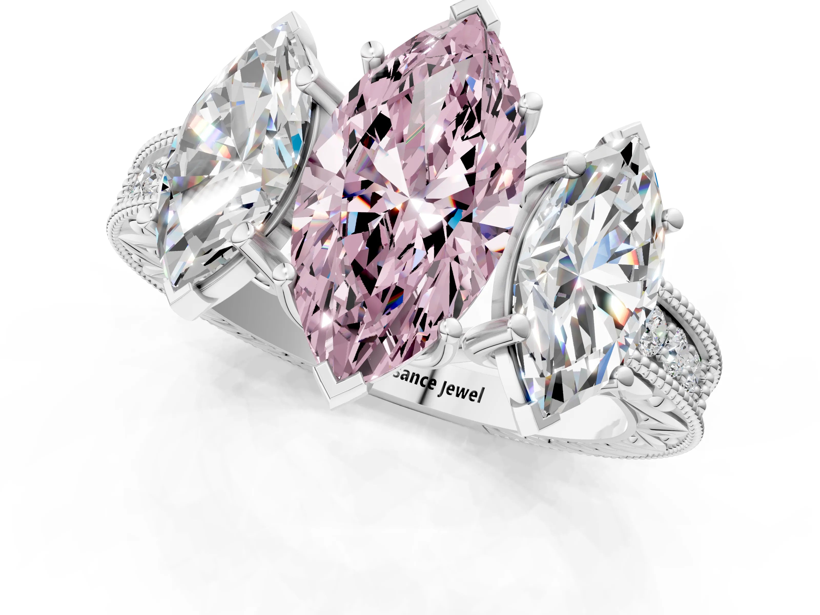 White gold Three-Stone Fancy Pink Marquise Cut Cut Milgrain Pavé Engagement Ring_13