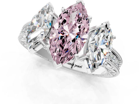 White gold Three-Stone Fancy Pink Marquise Cut Cut Milgrain Pavé Engagement Ring_13
