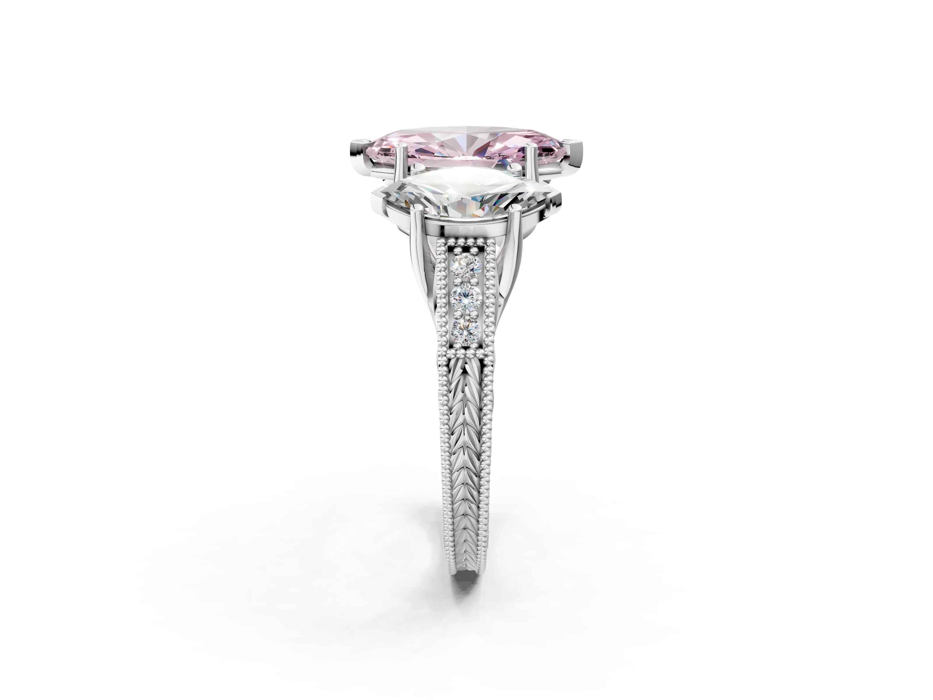 White gold Three-Stone Fancy Pink Marquise Cut Cut Milgrain Pavé Engagement Ring_14
