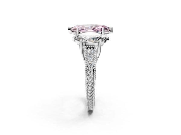 Platinum Three-Stone Fancy Pink Marquise Cut Cut Milgrain Pavé Engagement Ring