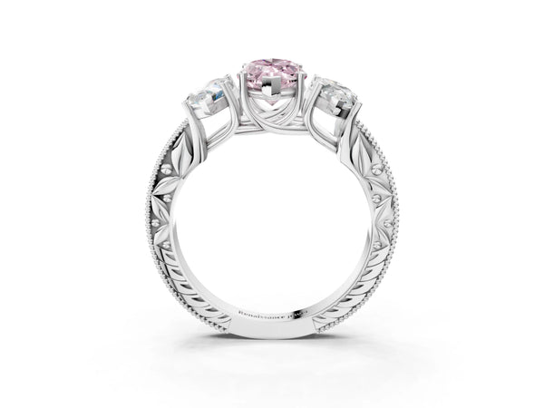 Platinum Three-Stone Fancy Pink Marquise Cut Cut Milgrain Pavé Engagement Ring