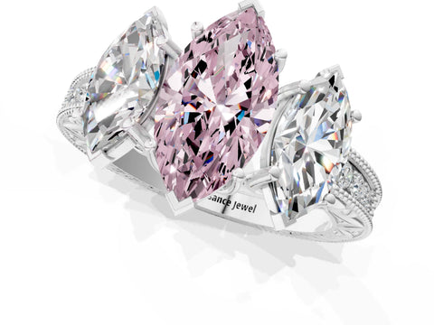 White gold Three-Stone Fancy Pink Marquise Cut Cut Milgrain Pavé Engagement Ring_1