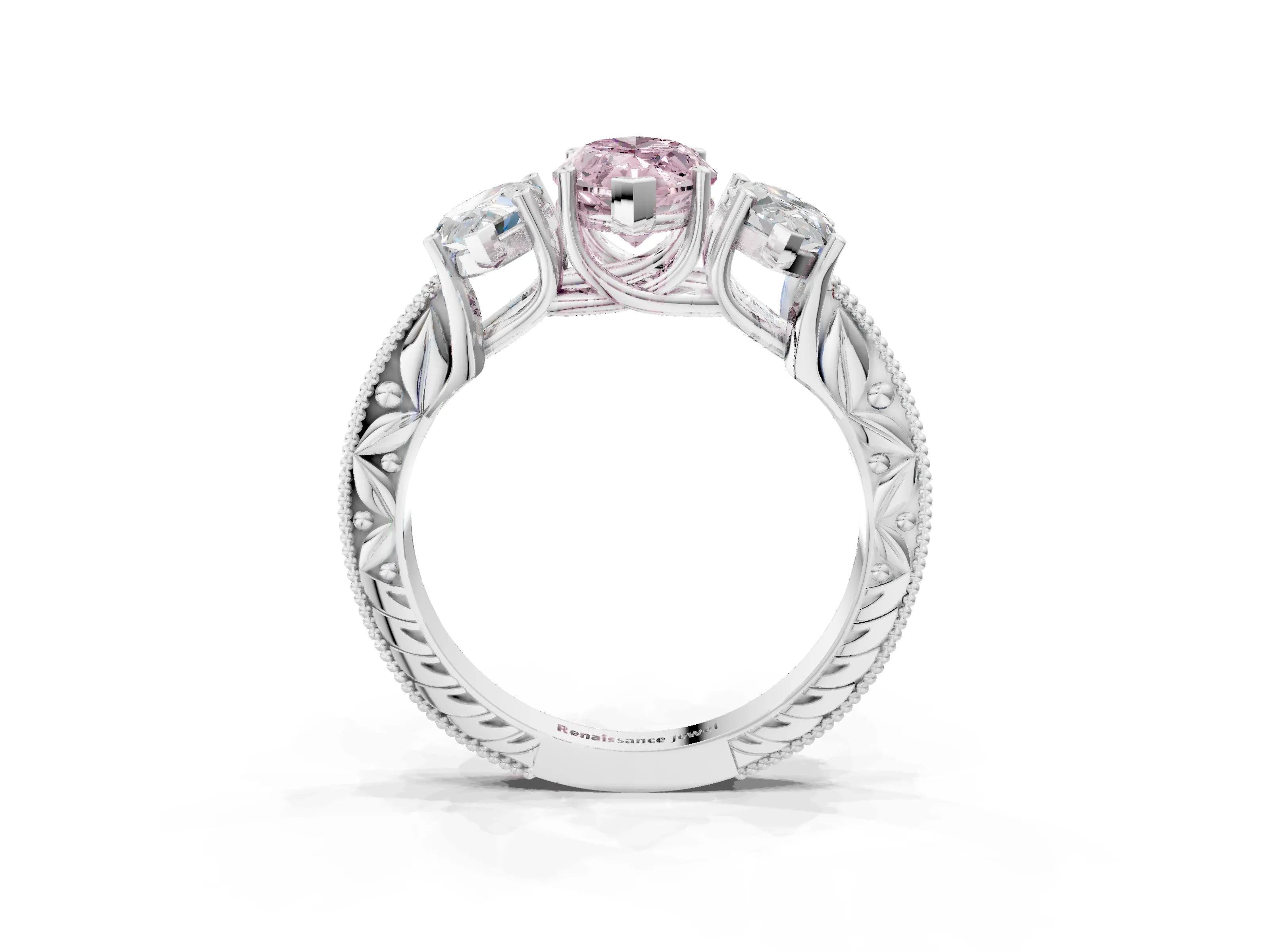 White gold Three-Stone Fancy Pink Marquise Cut Cut Milgrain Pavé Engagement Ring_3