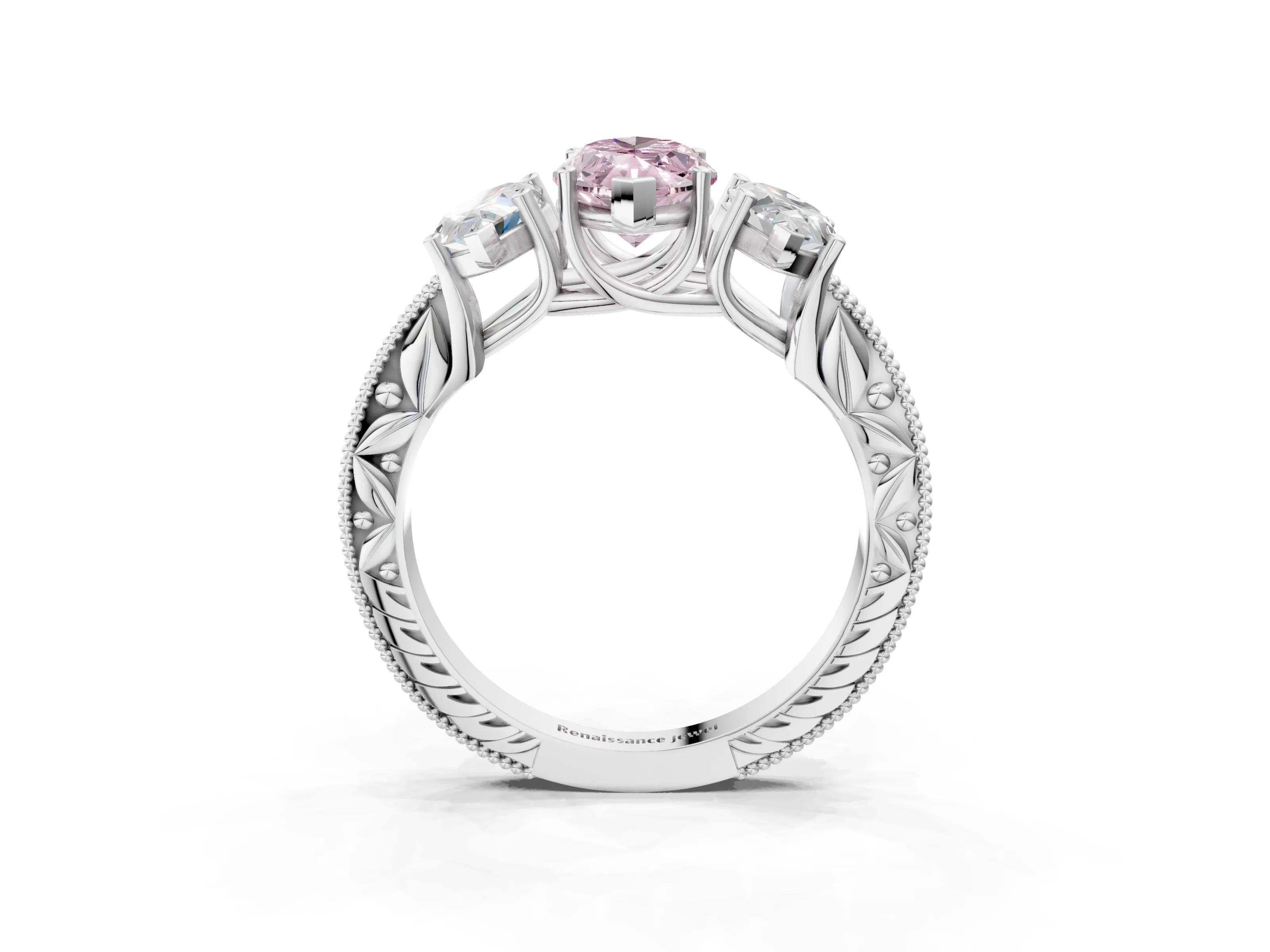White gold Three-Stone Fancy Pink Marquise Cut Cut Milgrain Pavé Engagement Ring_4