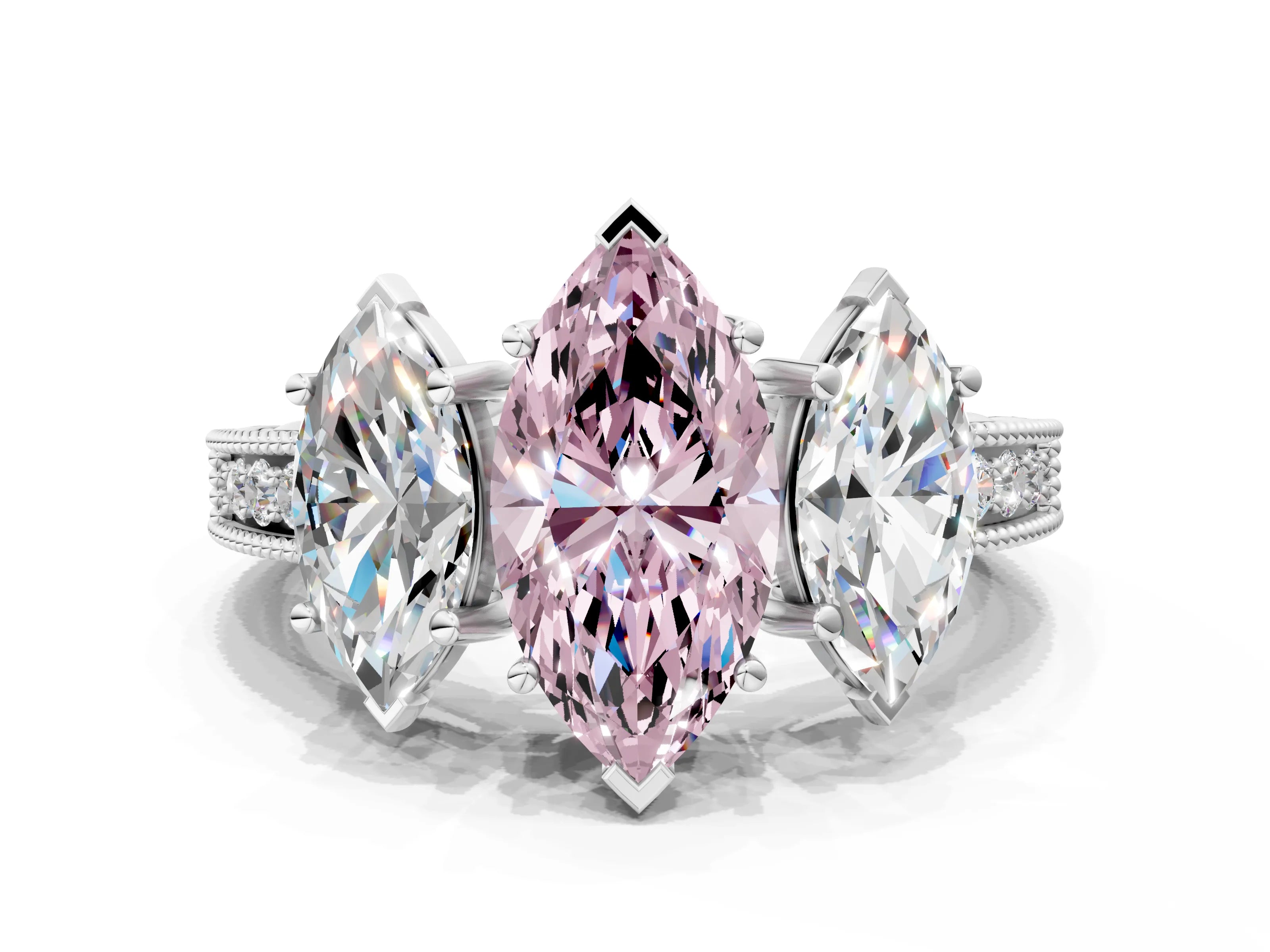 White gold Three-Stone Fancy Pink Marquise Cut Cut Milgrain Pavé Engagement Ring