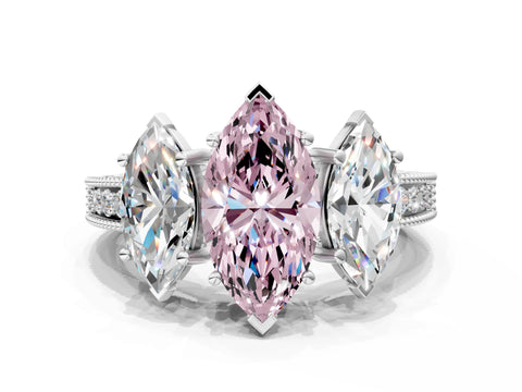 White gold Three-Stone Fancy Pink Marquise Cut Cut Milgrain Pavé Engagement Ring