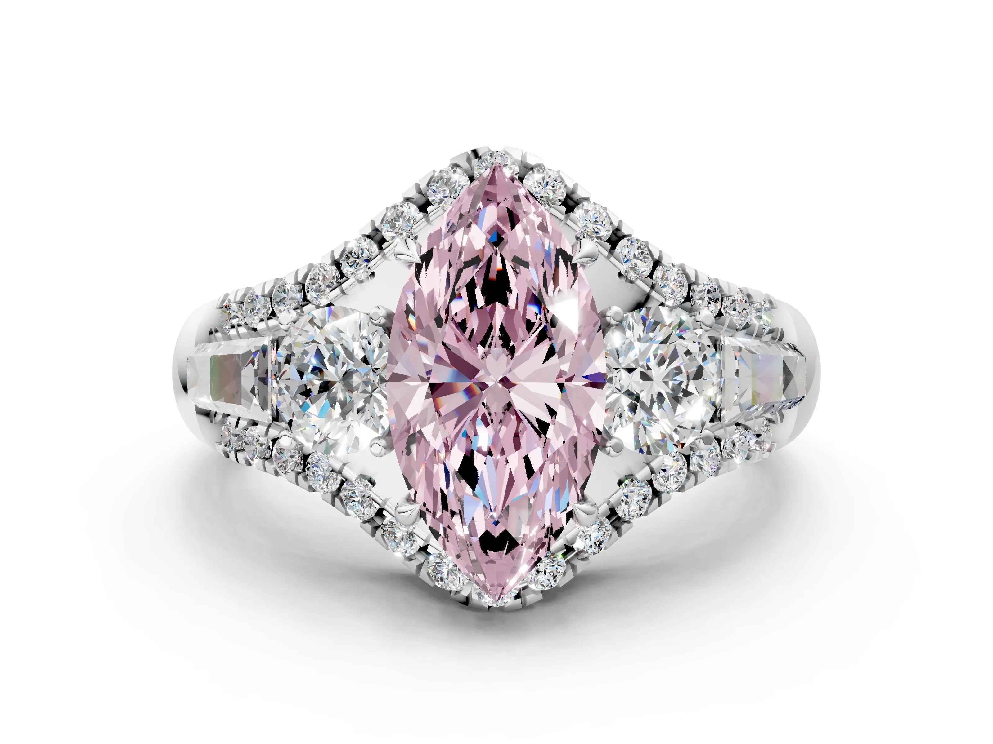 White gold Three-Stone Fancy Pink Marquise Cut Diamond Engagement Ring with Pave Band and Prong Setting_12