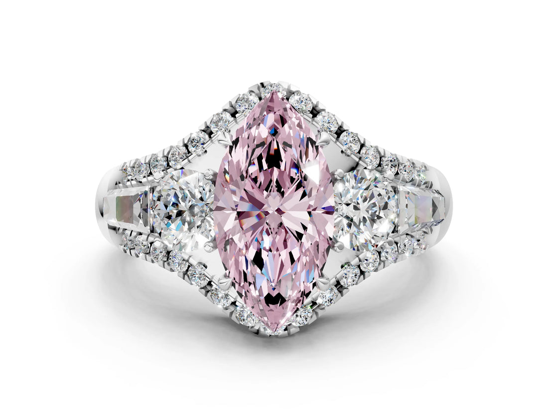 White gold Three-Stone Fancy Pink Marquise Cut Diamond Engagement Ring with Pave Band and Prong Setting_12