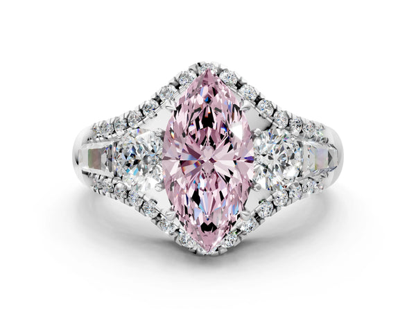 White gold Three-Stone Fancy Pink Marquise Cut Diamond Engagement Ring with Pave Band and Prong Setting