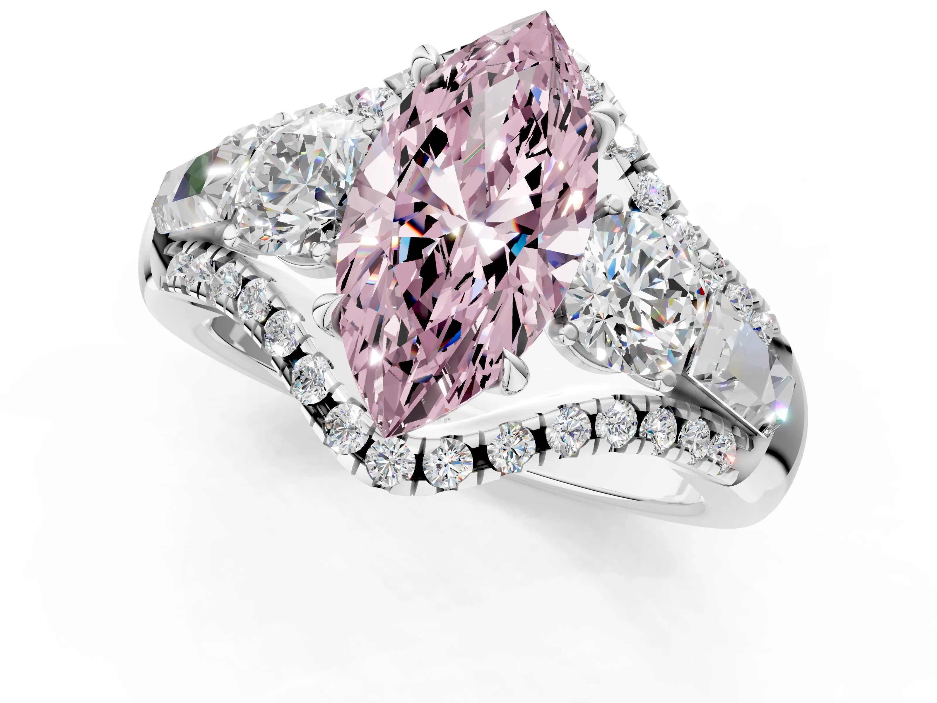 White gold Three-Stone Fancy Pink Marquise Cut Diamond Engagement Ring with Pave Band and Prong Setting_13