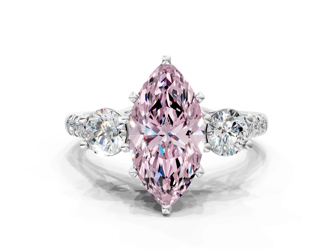 10K White Gold Three-Stone 2.01 Carat Pink VS1 Marquise Diamond Pavé Band with Four-Prong Setting