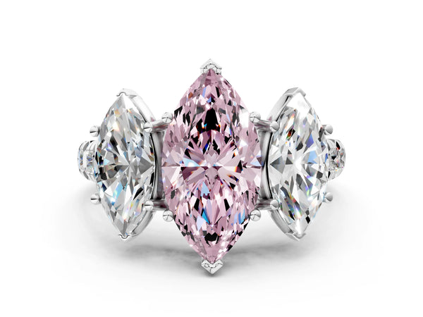Platinum Three-Stone Fancy Pink Marquise Cut Diamond Pavé Band with Prong Setting