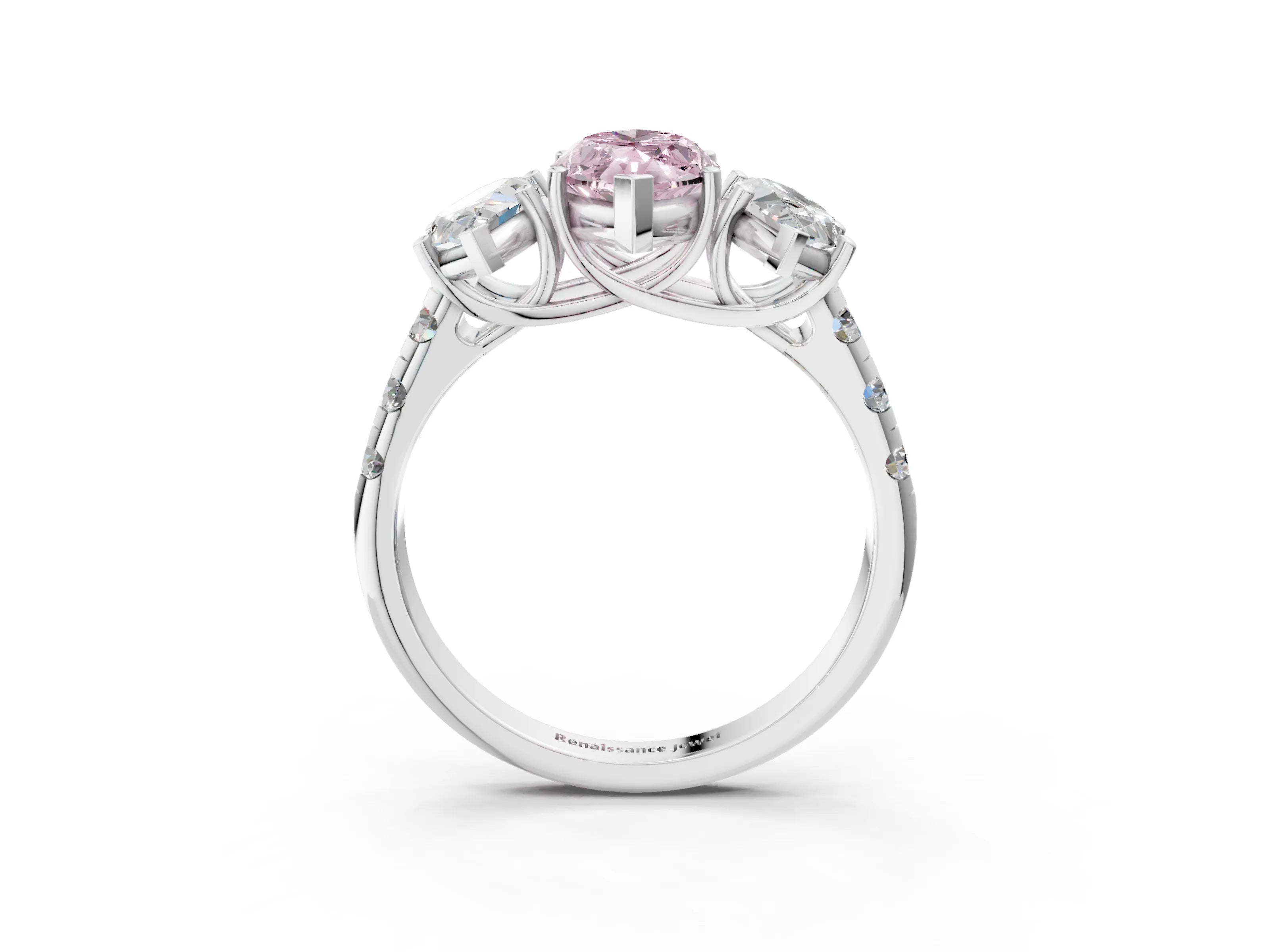 White gold Three-Stone Fancy Pink Marquise Cut Diamond Pavé Band with Prong Setting_15