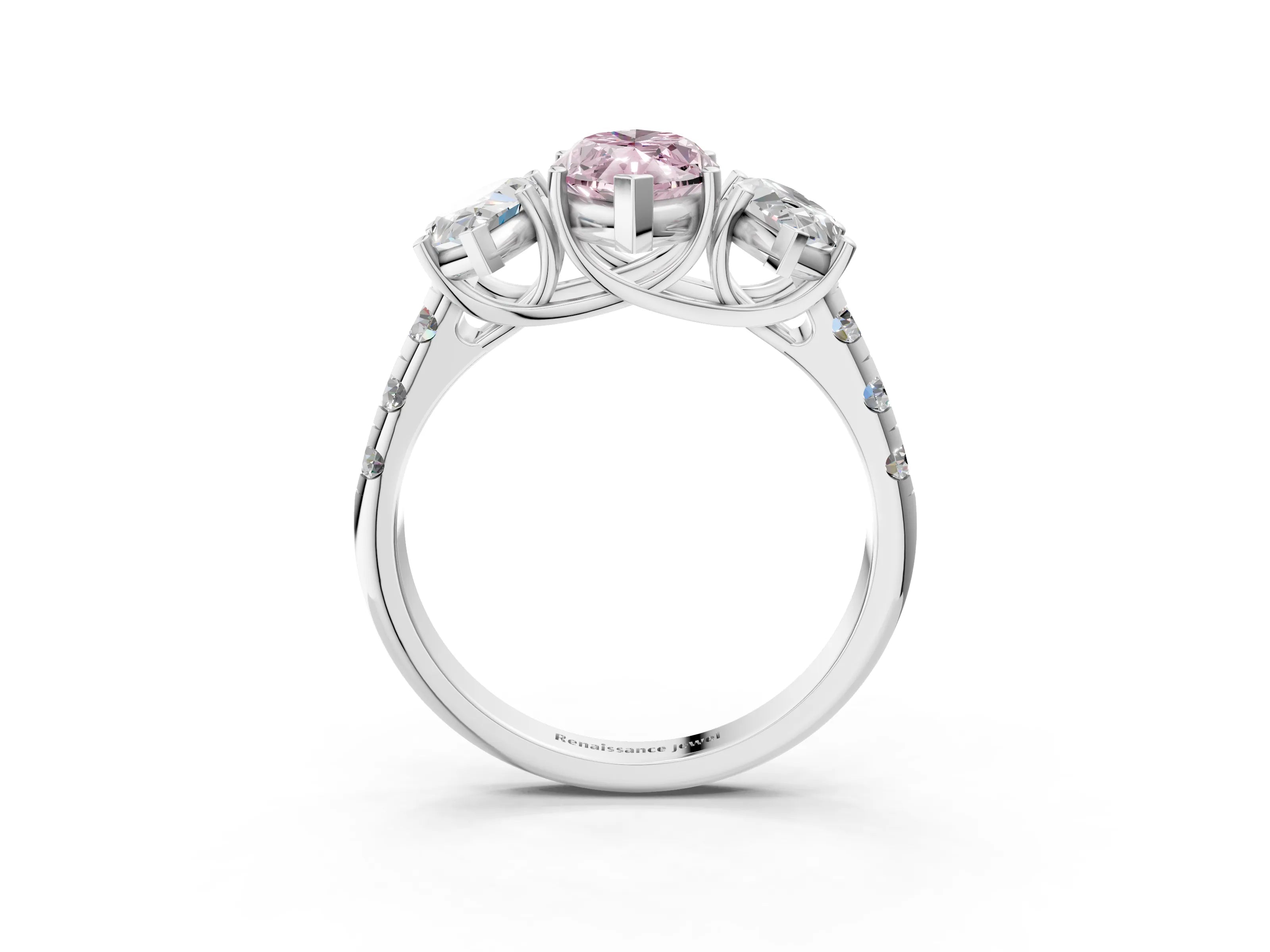 White gold Three-Stone Fancy Pink Marquise Cut Diamond Pavé Band with Prong Setting_3