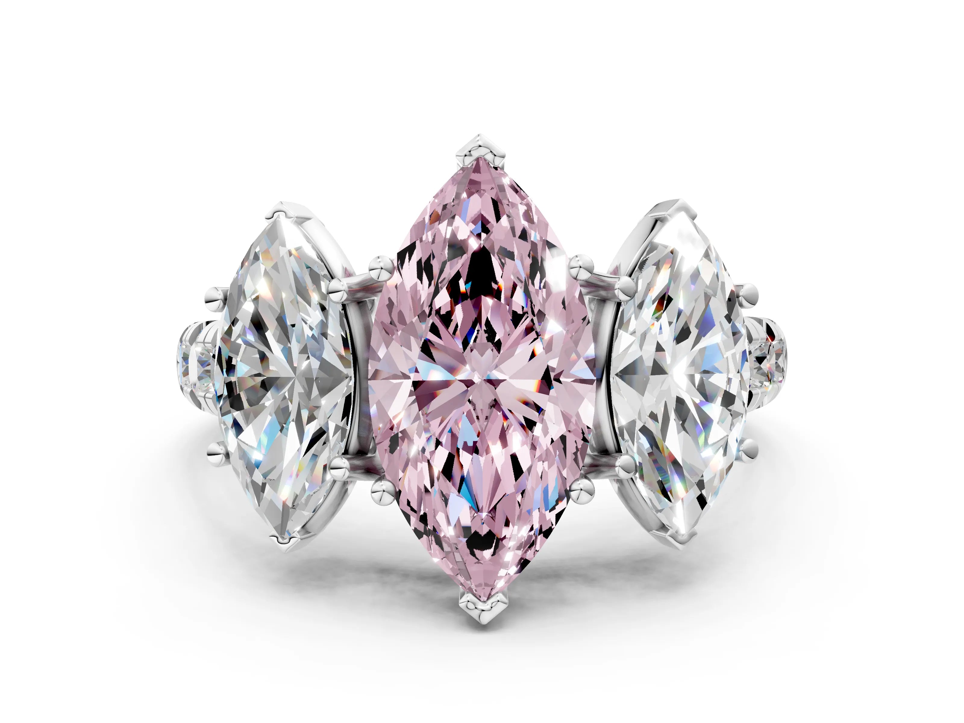 White gold Three-Stone Fancy Pink Marquise Cut Diamond Pavé Band with Prong Setting