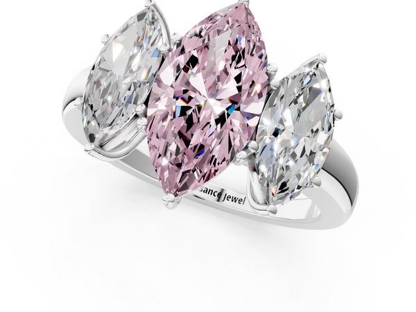 Platinum Fancy Pink Marquise Cut Diamond Three-Stone Ring with Four-Prong Setting and Classic Band