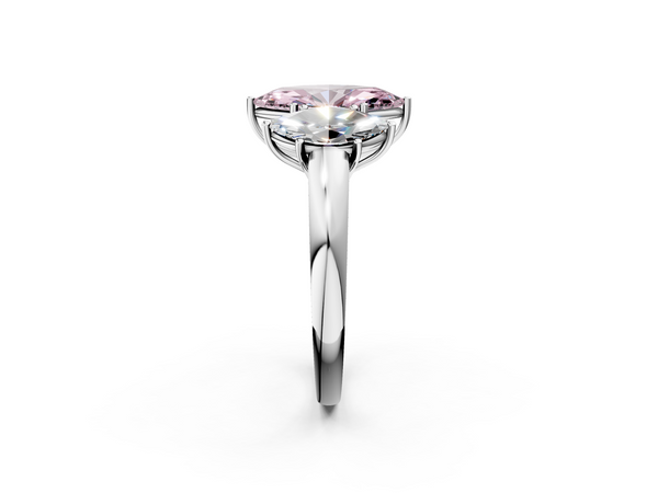 Platinum Fancy Pink Marquise Cut Diamond Three-Stone Ring with Four-Prong Setting and Classic Band