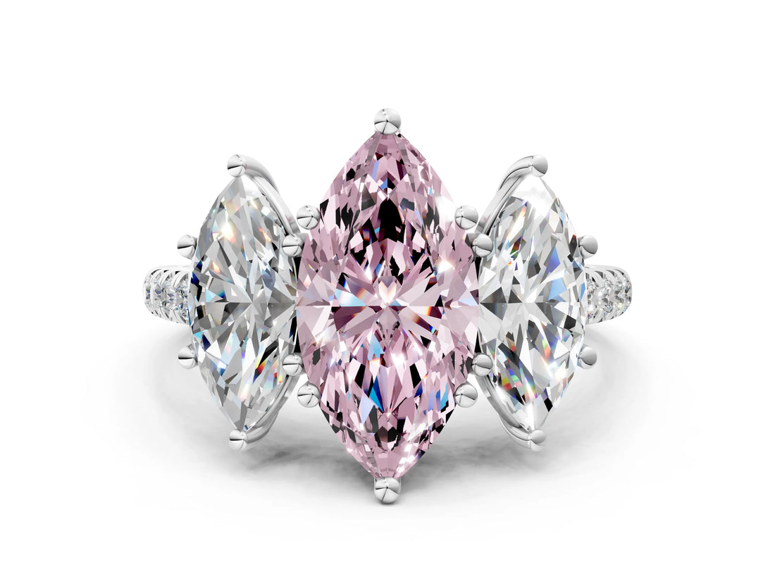 White gold Three-Stone Fancy Pink Marquise Cut Diamond Ring with Round  Pavé Band and Prong Setting_153