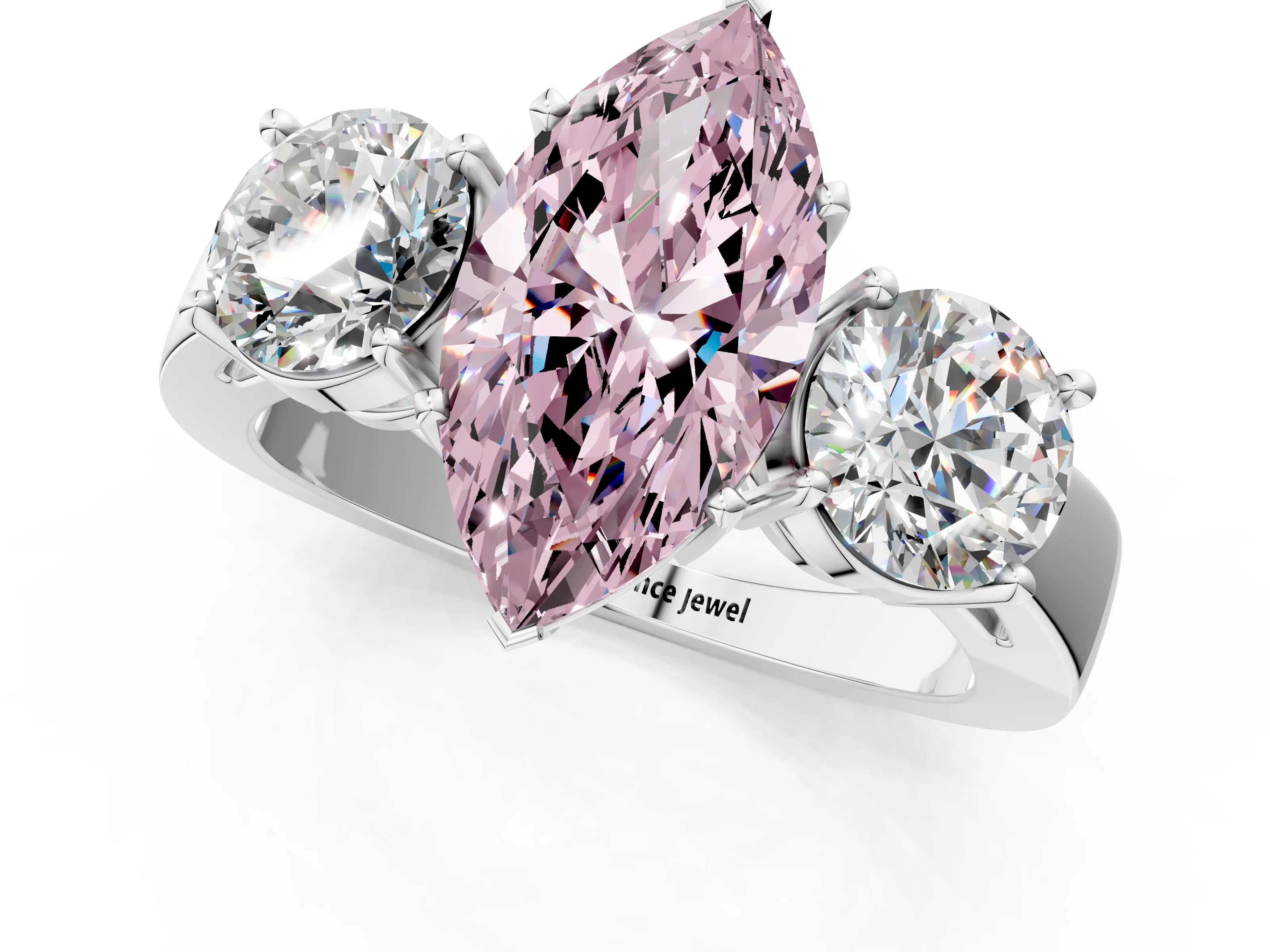 White gold Three-Stone Fancy Pink Marquise Cut Diamond Ring with Round Side Stones, Classic Band, and Four-Prong Setting_37