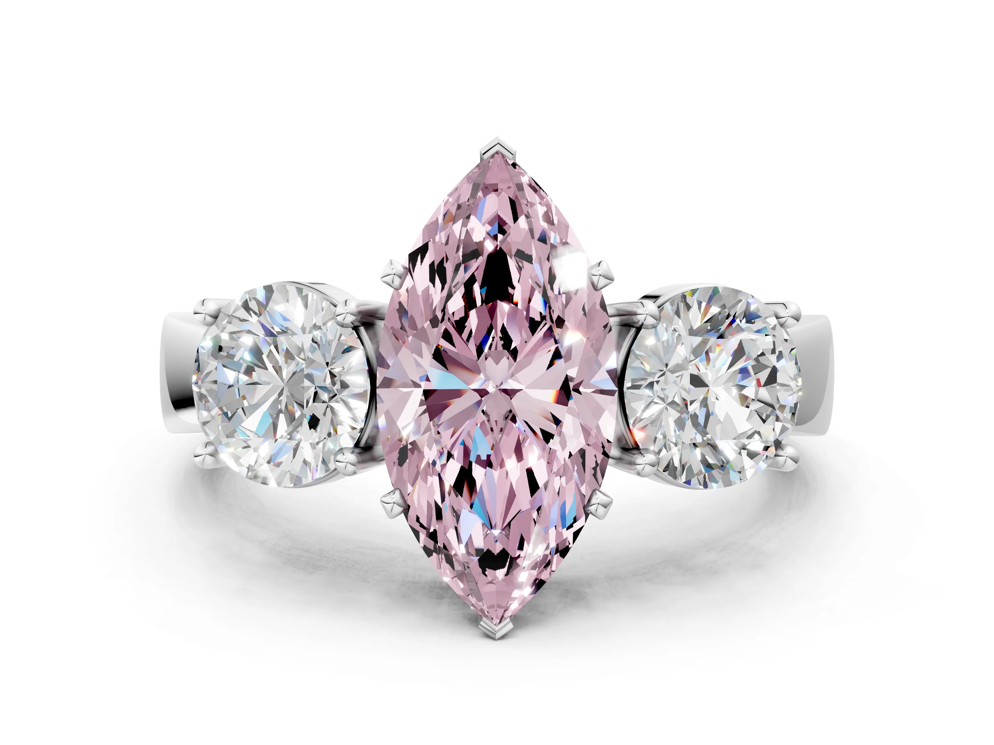 White gold Three-Stone Fancy Pink Marquise Cut Diamond Ring with Round Side Stones, Classic Band, and Four-Prong Setting_42