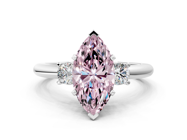 Platinum Three-Stone Fancy Pink Marquise  Cut Diamond Solitaire with Prong Setting and Classic Band