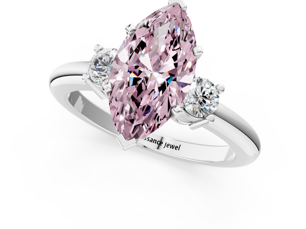 Platinum Three-Stone Fancy Pink Marquise  Cut Diamond Solitaire with Prong Setting and Classic Band