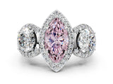 White gold Three-Stone Fancy Pink Marquise Cut Halo Diamond Milgrain Band with Four-Prong Setting
