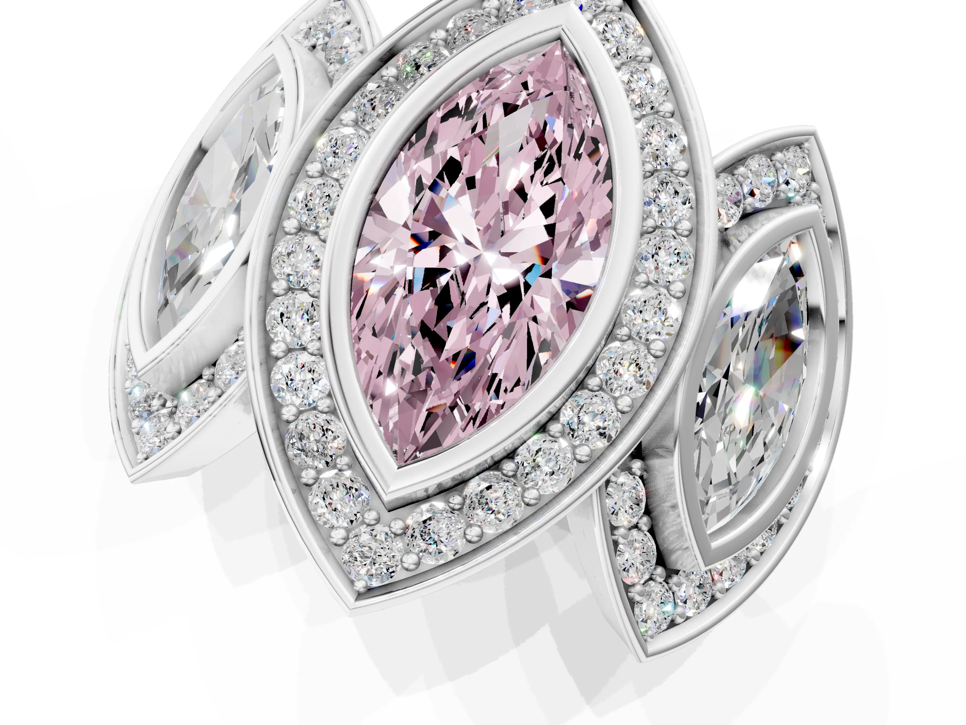 White gold Three-Stone Fancy Pink Marquise Cut Halo Pavé Diamond Ring_1