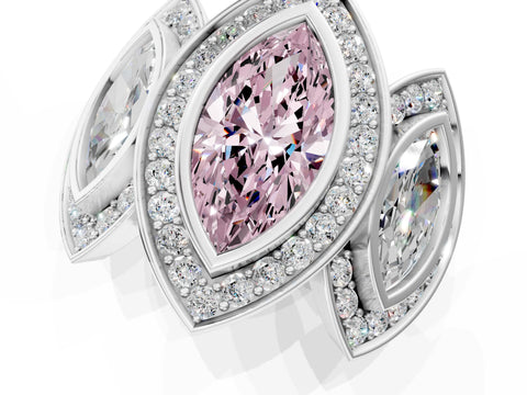 White gold Three-Stone Fancy Pink Marquise Cut Halo Pavé Diamond Ring_1
