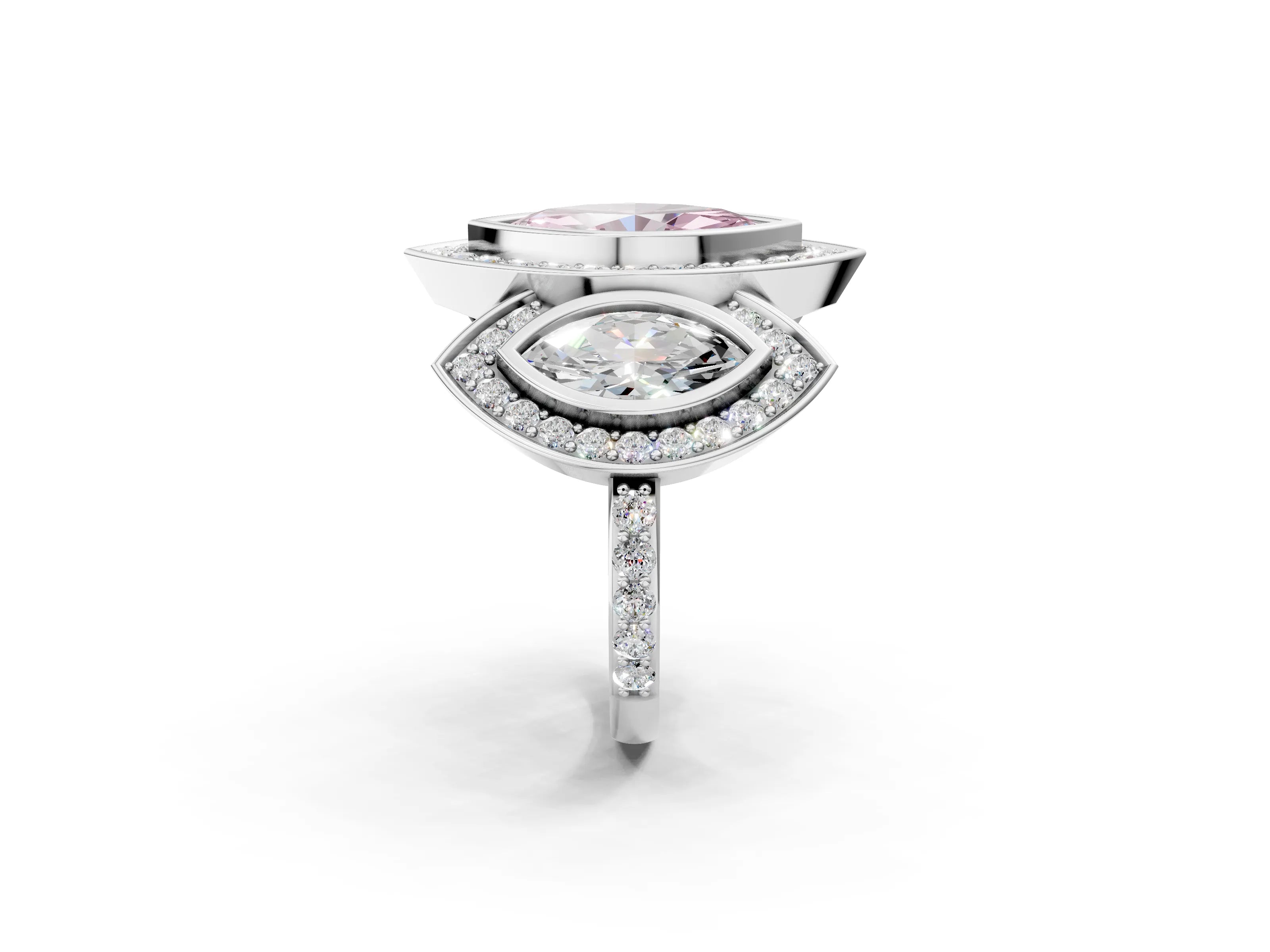 White gold Three-Stone Fancy Pink Marquise Cut Halo Pavé Diamond Ring_2