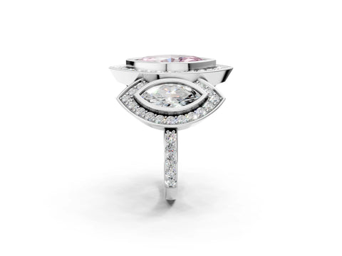 White gold Three-Stone Fancy Pink Marquise Cut Halo Pavé Diamond Ring_2