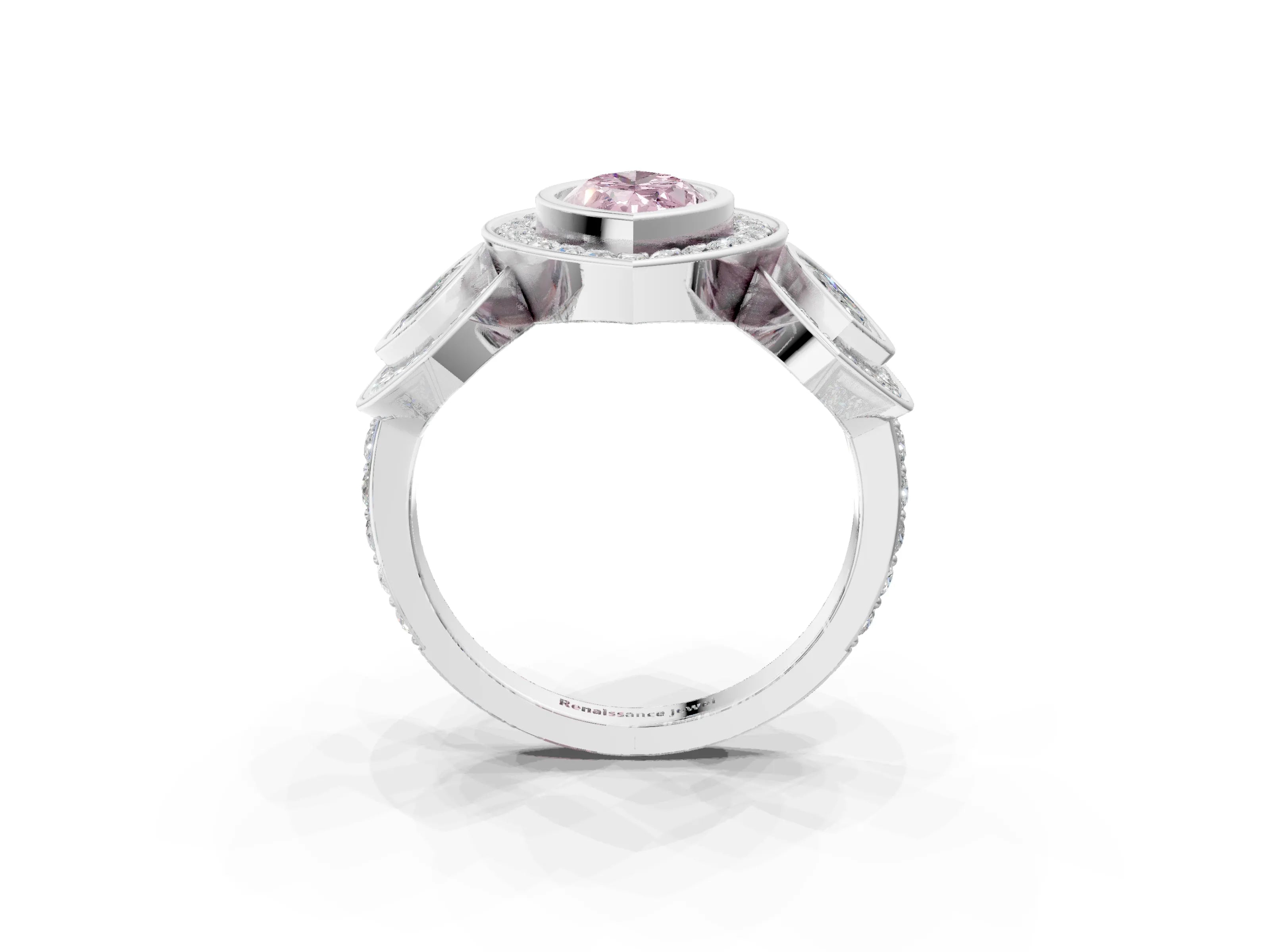 White gold Three-Stone Fancy Pink Marquise Cut Halo Pavé Diamond Ring_3