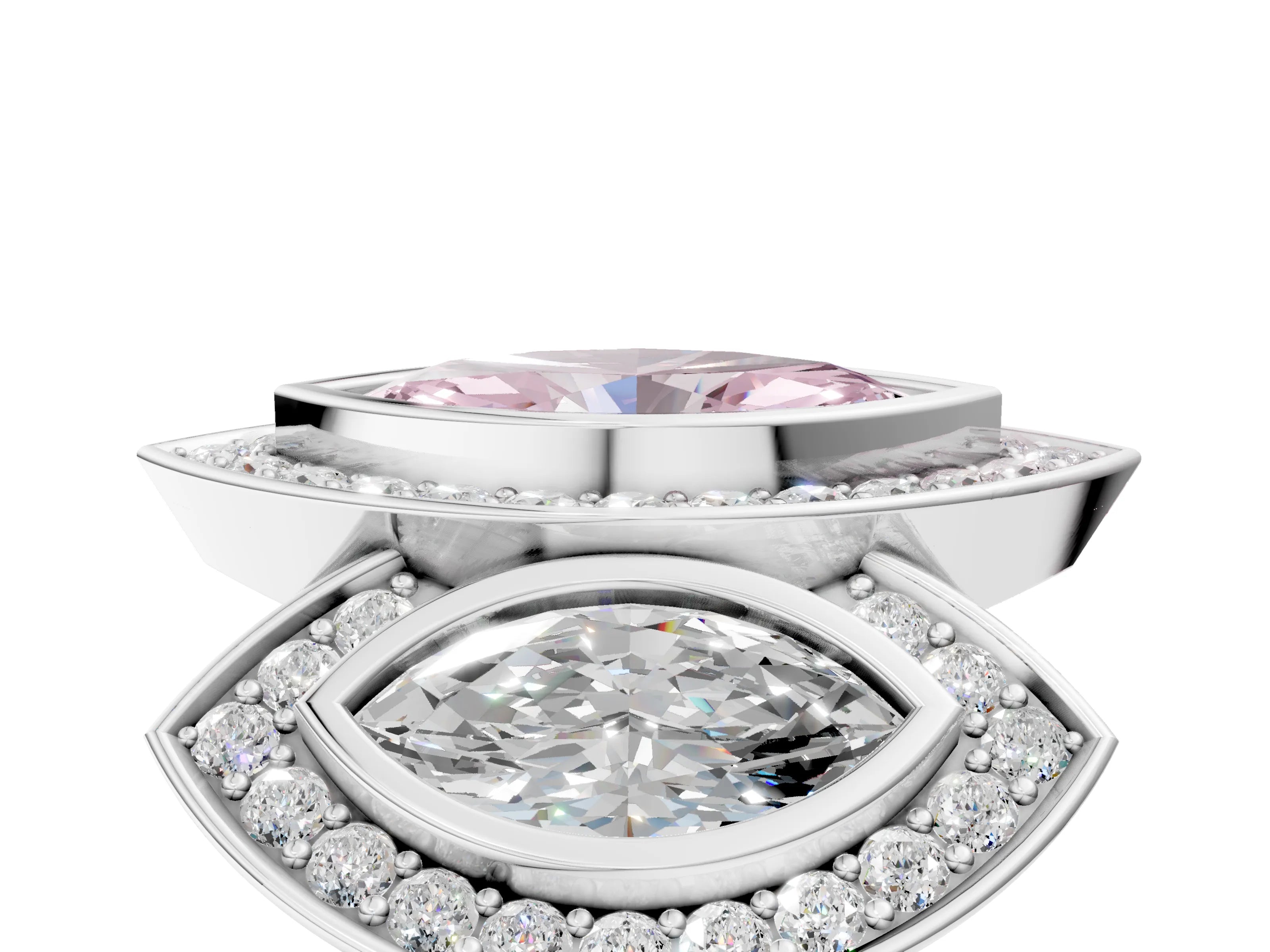 White gold Three-Stone Fancy Pink Marquise Cut Halo Pavé Diamond Ring_5