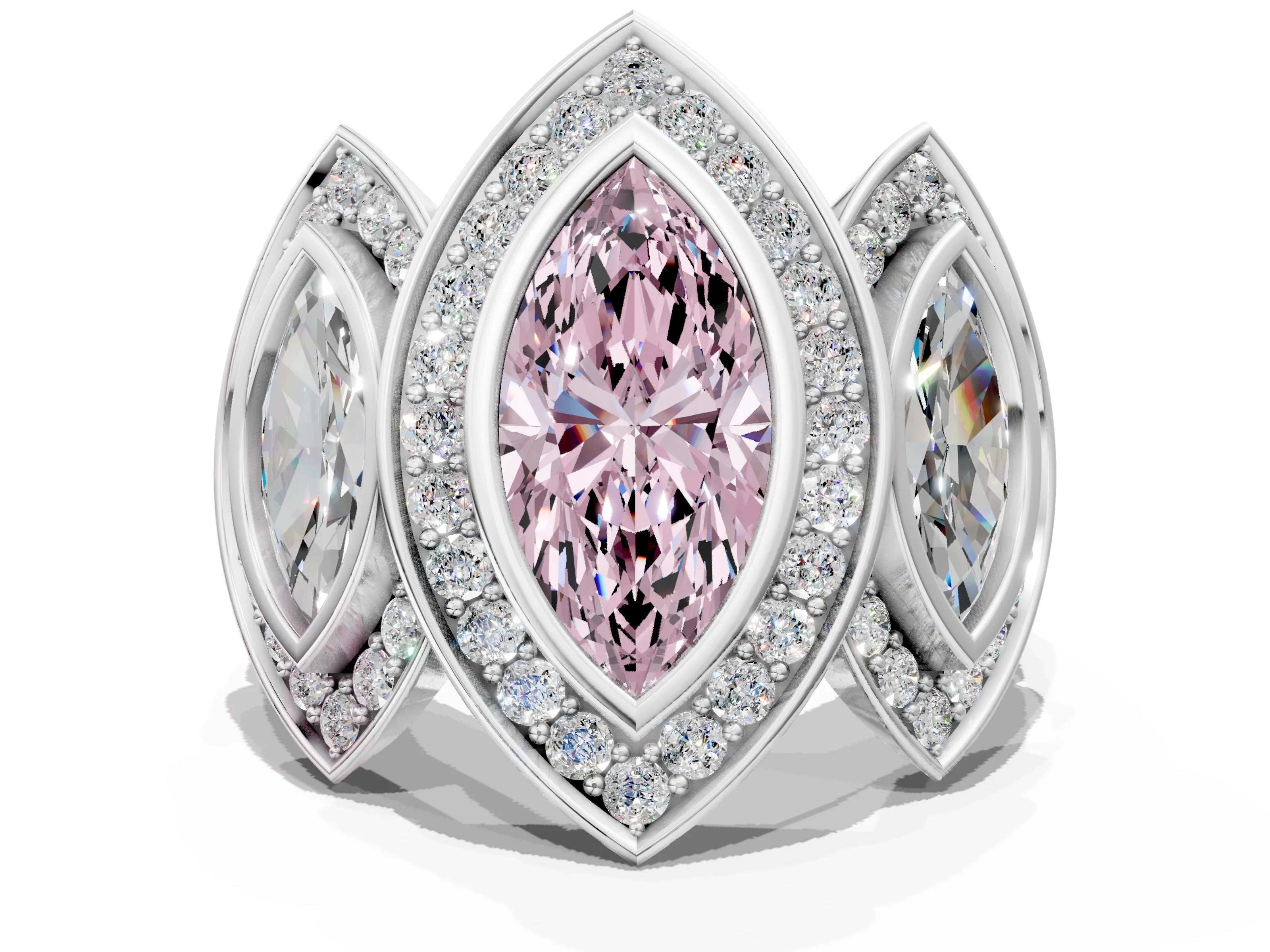 White gold Three-Stone Fancy Pink Marquise Cut Halo Pavé Diamond Ring