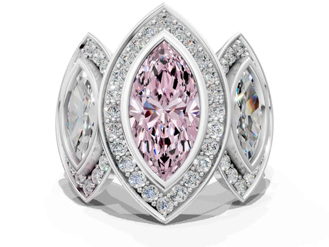 White gold Three-Stone Fancy Pink Marquise Cut Halo Pavé Diamond Ring