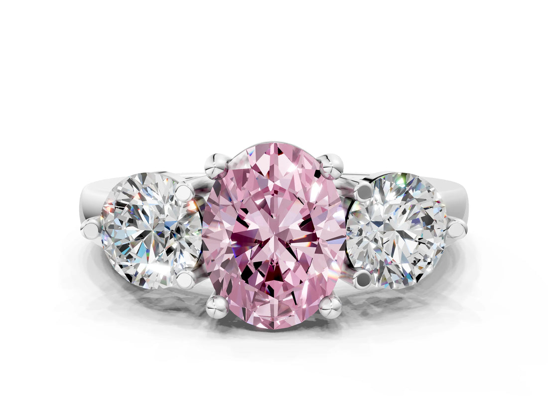 White gold Three-Stone Fancy Pink Oval  Brilliant Cut Solitaire Ring with Prong Setting on a Classic Band