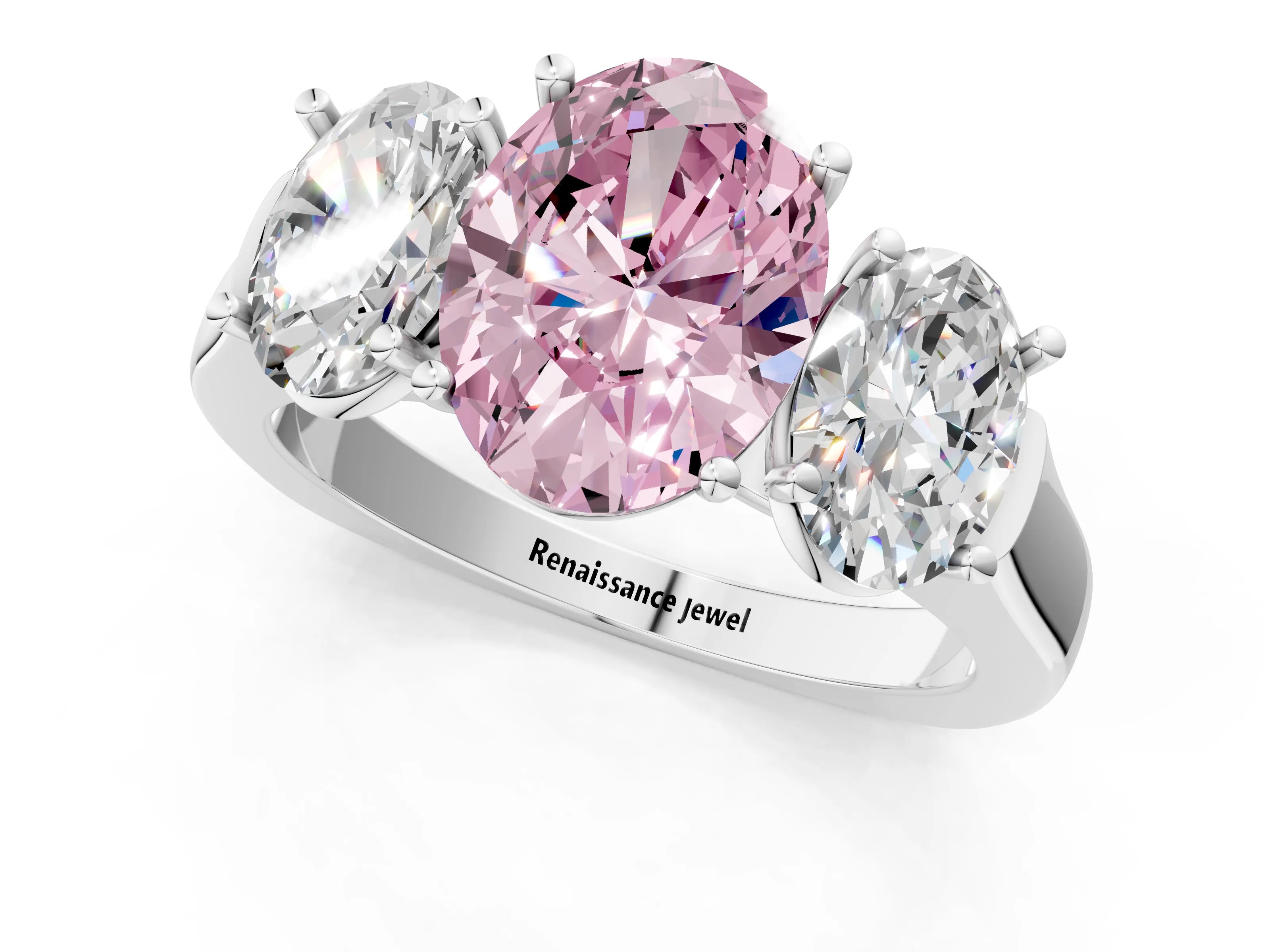 White gold Three-Stone Fancy Pink Oval Cut Brilliant Diamond Trellis Ring with Comfort Fit Band_13