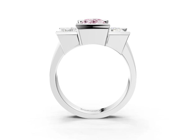 Sterling Silver Oval Channel Set Three Stone Engagement Ring Setting for Fancy Pink Center