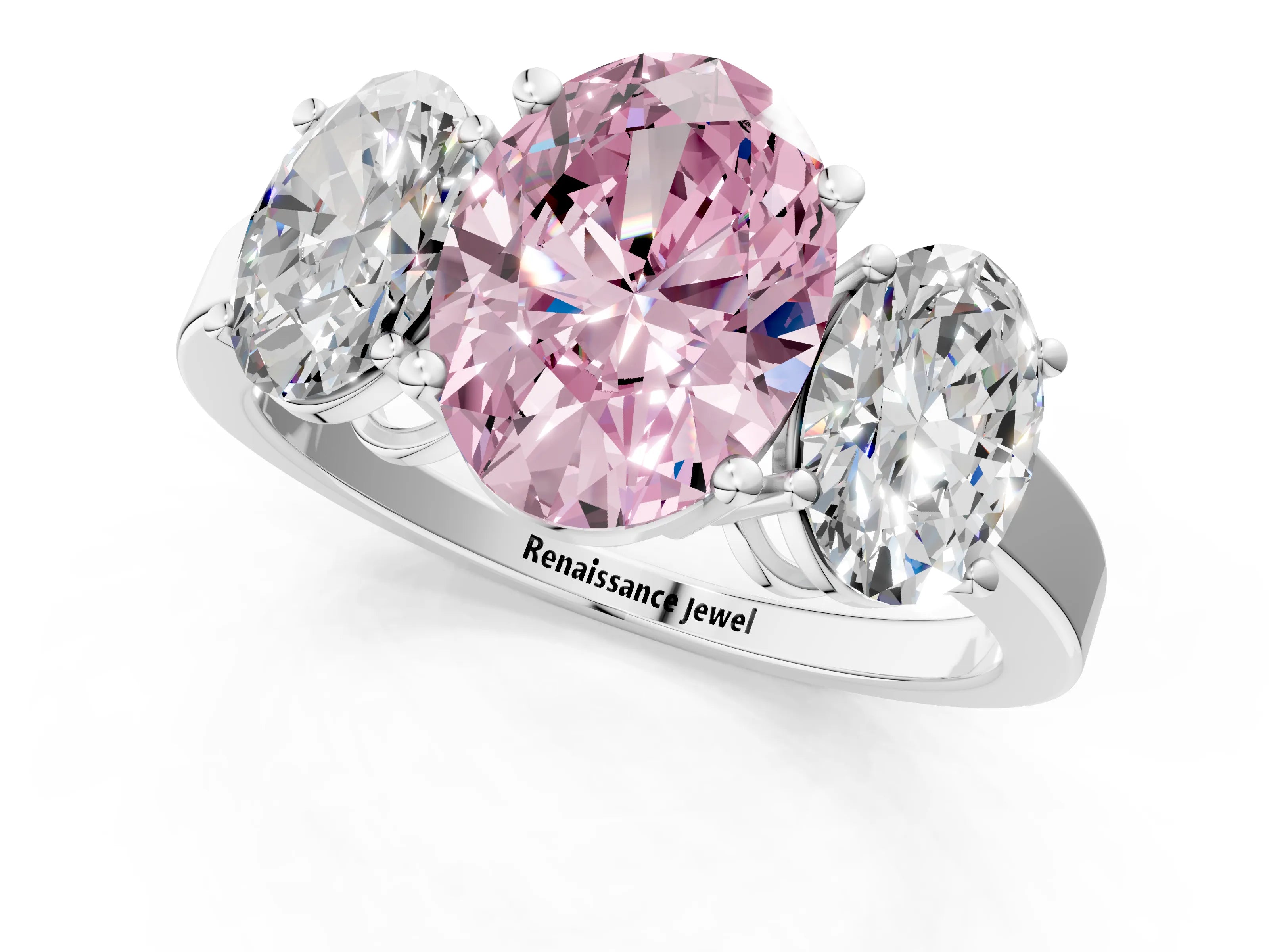 White gold Three-Stone Fancy Pink Oval Cut Cut Diamond Engagement Ring with Flat Band and Four-Prong Setting_1