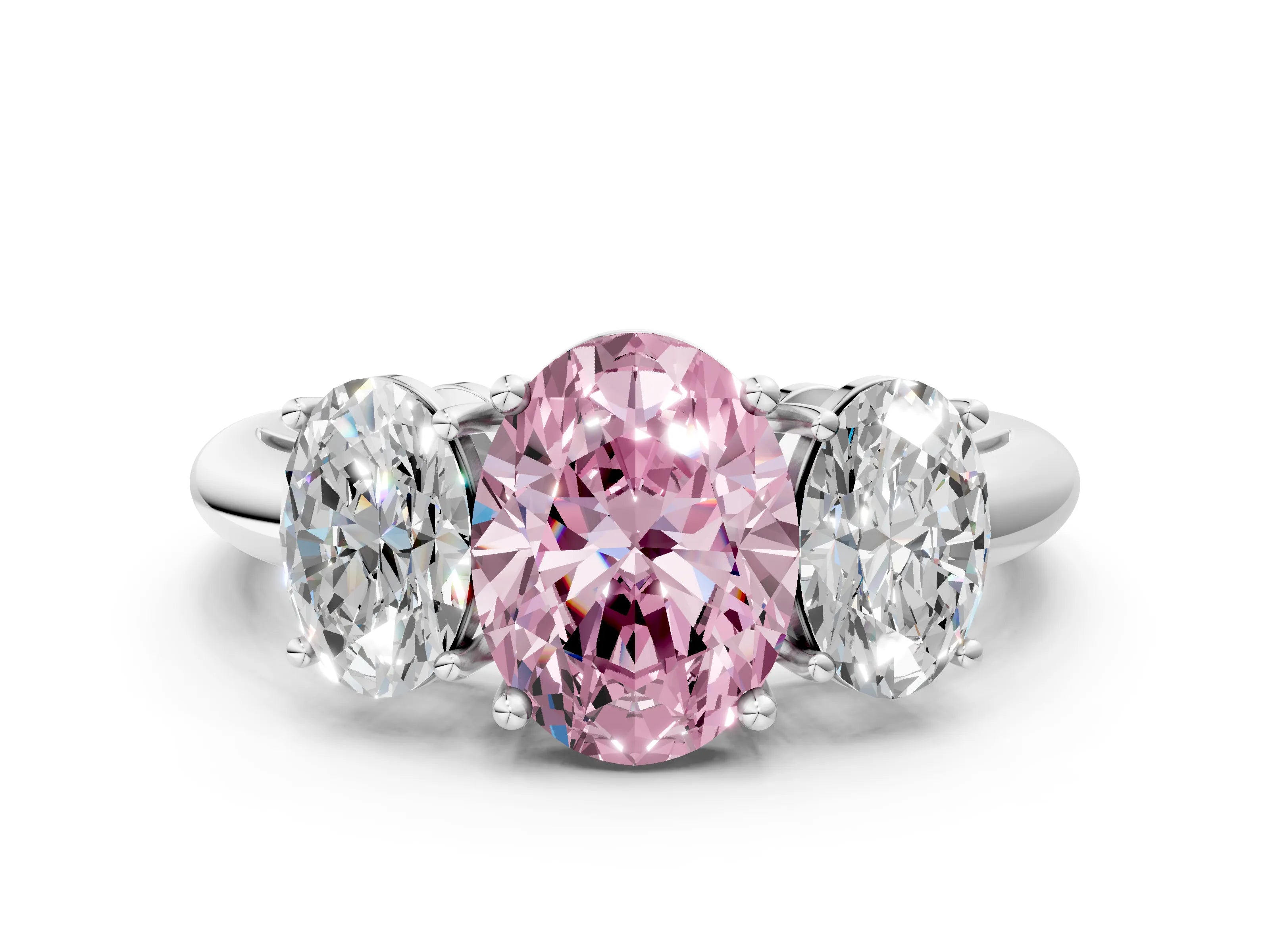 White gold Three-Stone Fancy Pink Oval Cut Cut Diamond Engagement Ring with Prong Setting on a White Gold Band_12