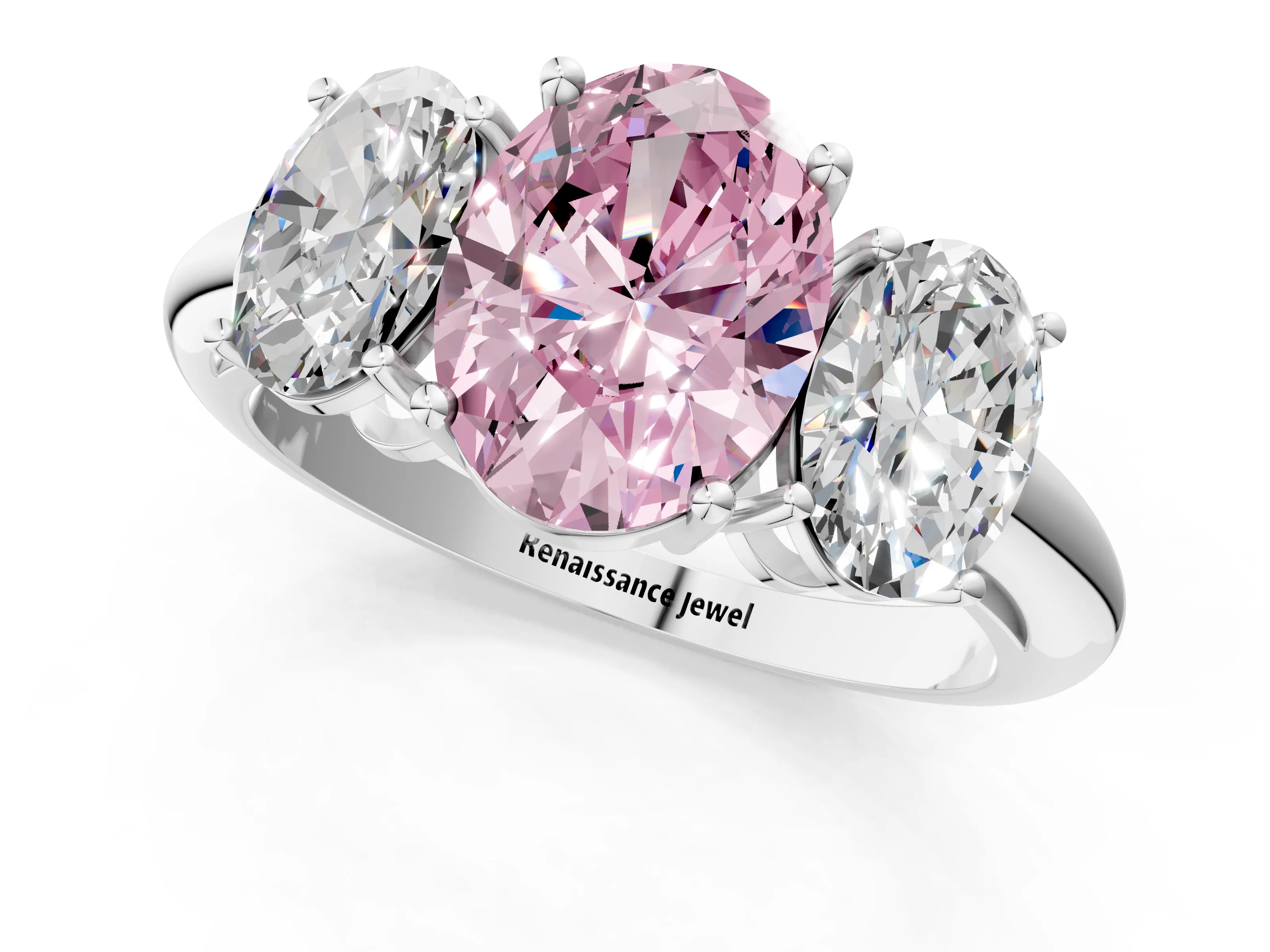 White gold Three-Stone Fancy Pink Oval Cut Cut Diamond Engagement Ring with Prong Setting on a White Gold Band_13