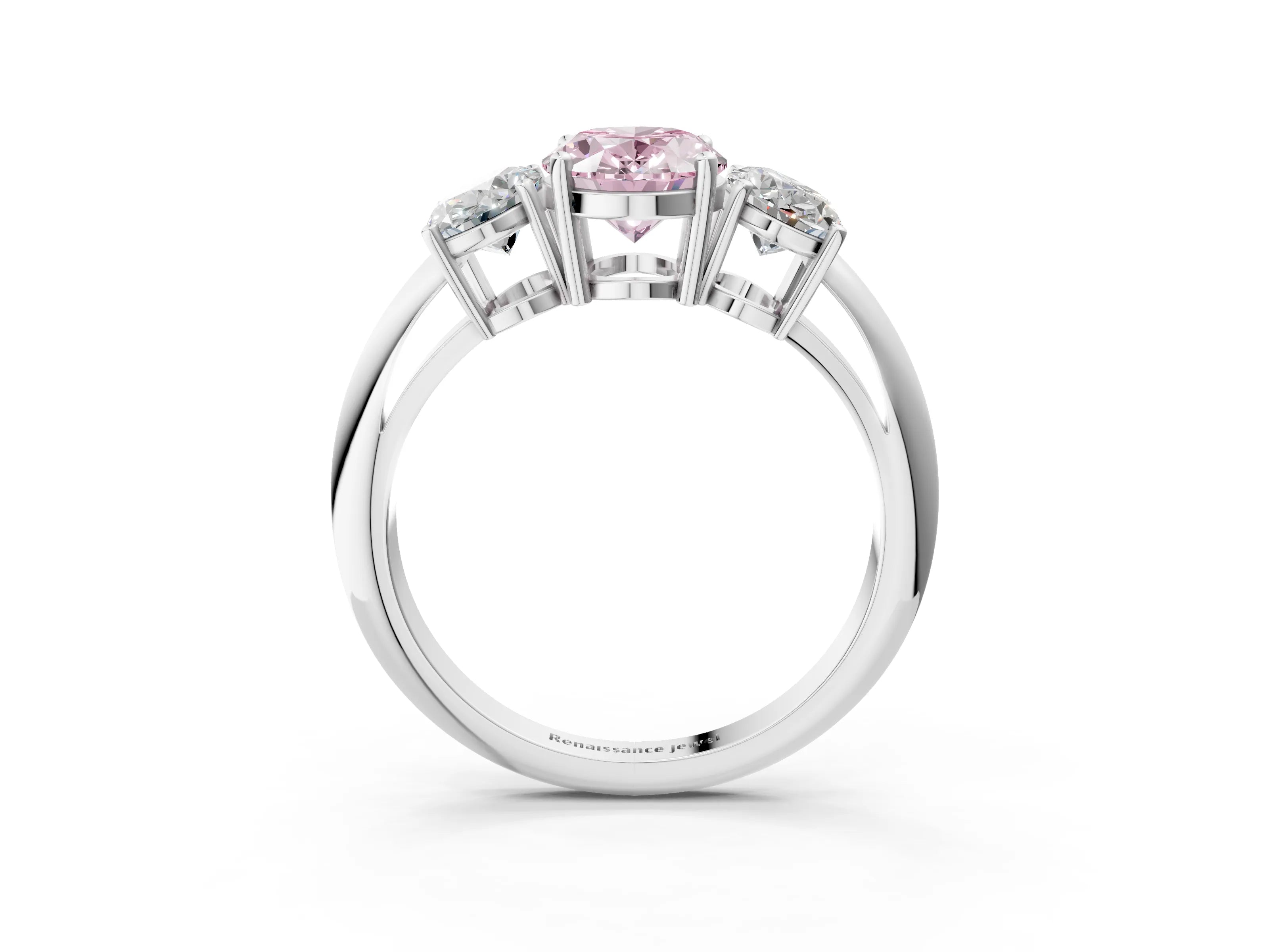 White gold Three-Stone Fancy Pink Oval Cut Cut Diamond Engagement Ring with Prong Setting on a White Gold Band_3